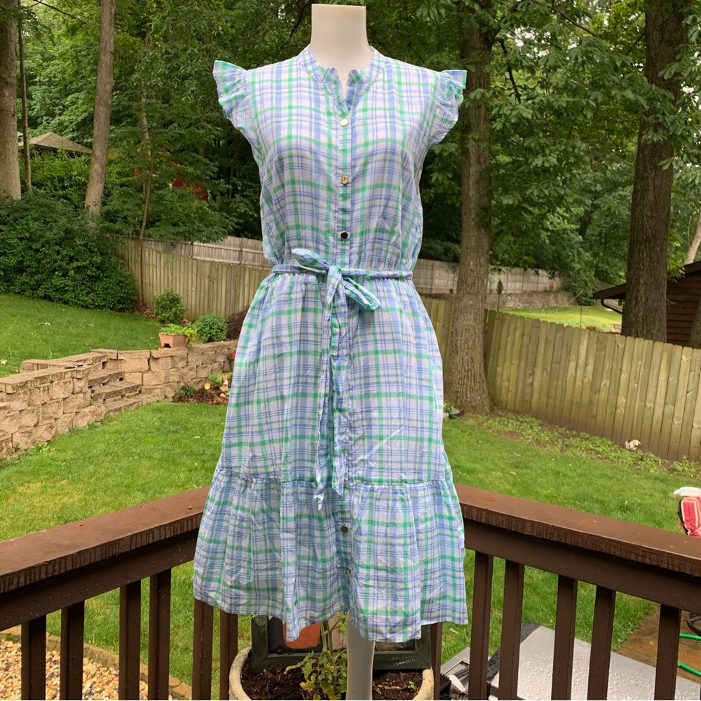 Draper James RSVP Blue Plaid Dress Cotton Puff Sleeve Medium M EUC Wrap Belt